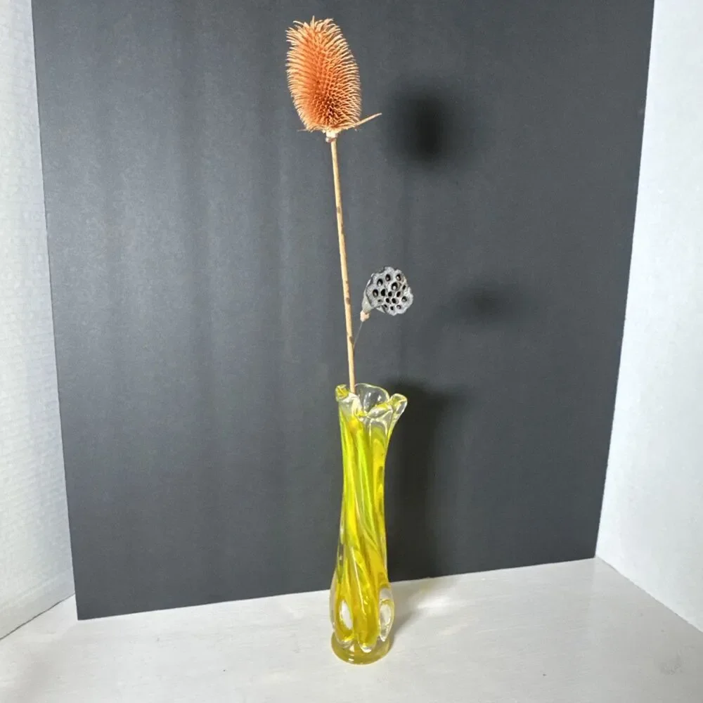 Vintage Yellow Murano Vase with Twisted Stem and Petal Mouth 9 Inch Swung Vase